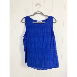 Hailey Lyn Royal Blue Cotton Fringed Floral Embroidered Sleeveless Top XL